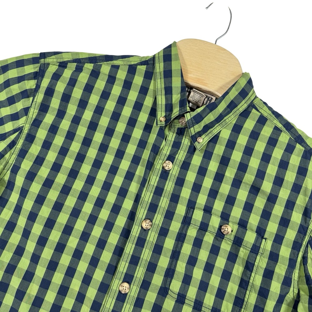 Duluth Trading Co Button Down Shirt Mens Large Green Gingham Short Sleeve Cotton
